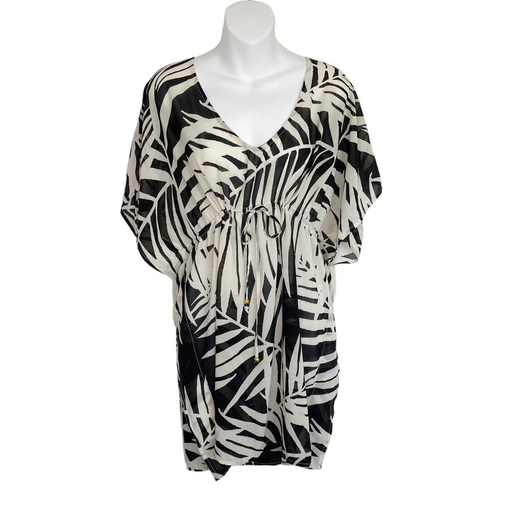 Jayne Clay Swim Cover Womens Size M Tropical Frowns Black/Beige Sheer Cinch Tie